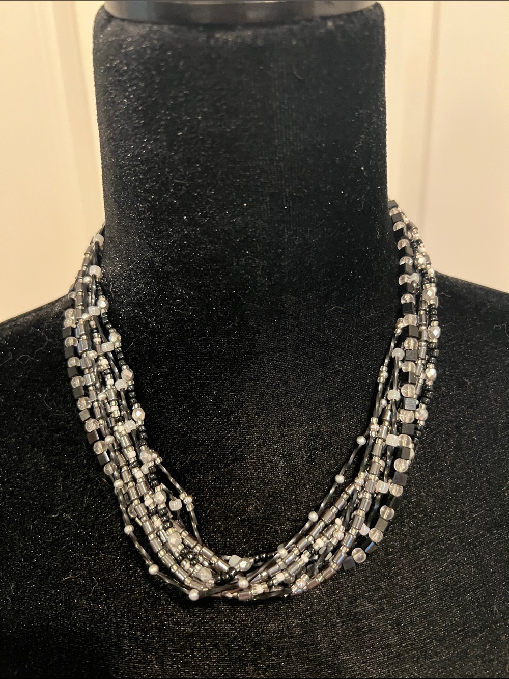 Multi-Strand Black and Silver Beaded Necklace - Women Jewelry -